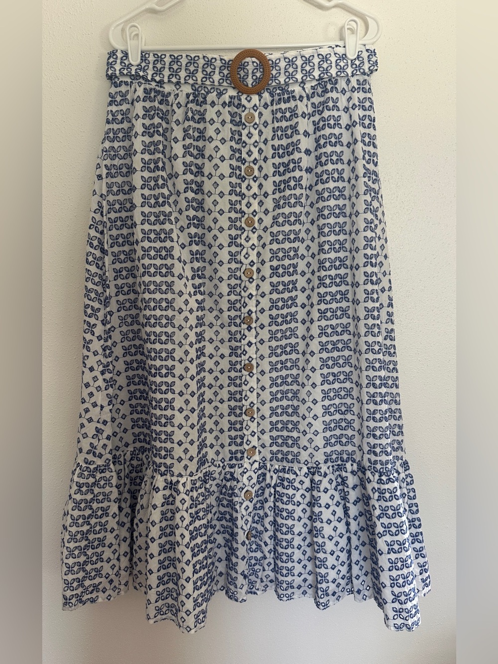 NWT Farmers Market Blue Mosaic Tile Pattern Belted Midi Skirt Button Front PXL